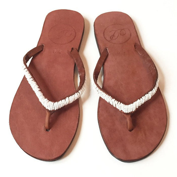 Brown and White Beaded Thong Sandals