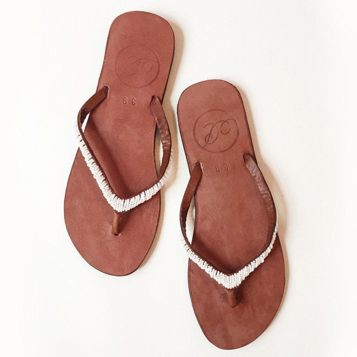 Brown and White Beaded Thong Sandals